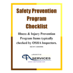 Cover page reading 'Safety Prevention Program Checklist' with a bold brown title and a bright yellow border frame.