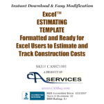 Product cover: Excel estimating template for tracking construction costs, with 'Instant Download & Easy Modification' header and CASBuy branding; includes BBB Accredited Business logo and website.