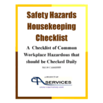 Poster-like page titled 'Safety Hazards Housekeeping Checklist' with a yellow border, white background, brown bold text